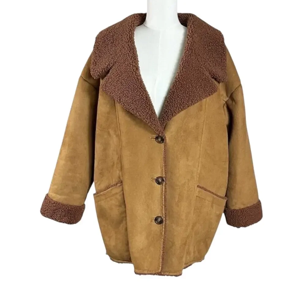 Free People Western Bohemian Retro 70s Faux Sherpa Suede Diogo Coat Size XL